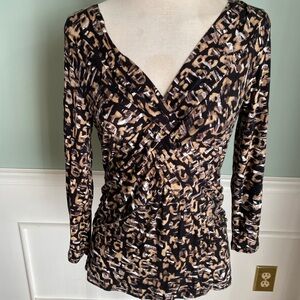 Cable & Gauge Brown and Black Animal Print V-neck Blouse - Size M
